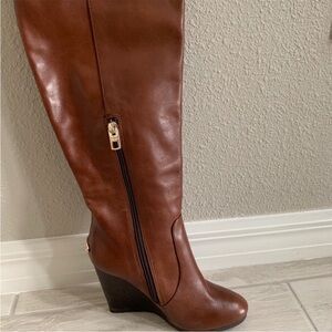 Brown Leather Knee-High Wedge Boots